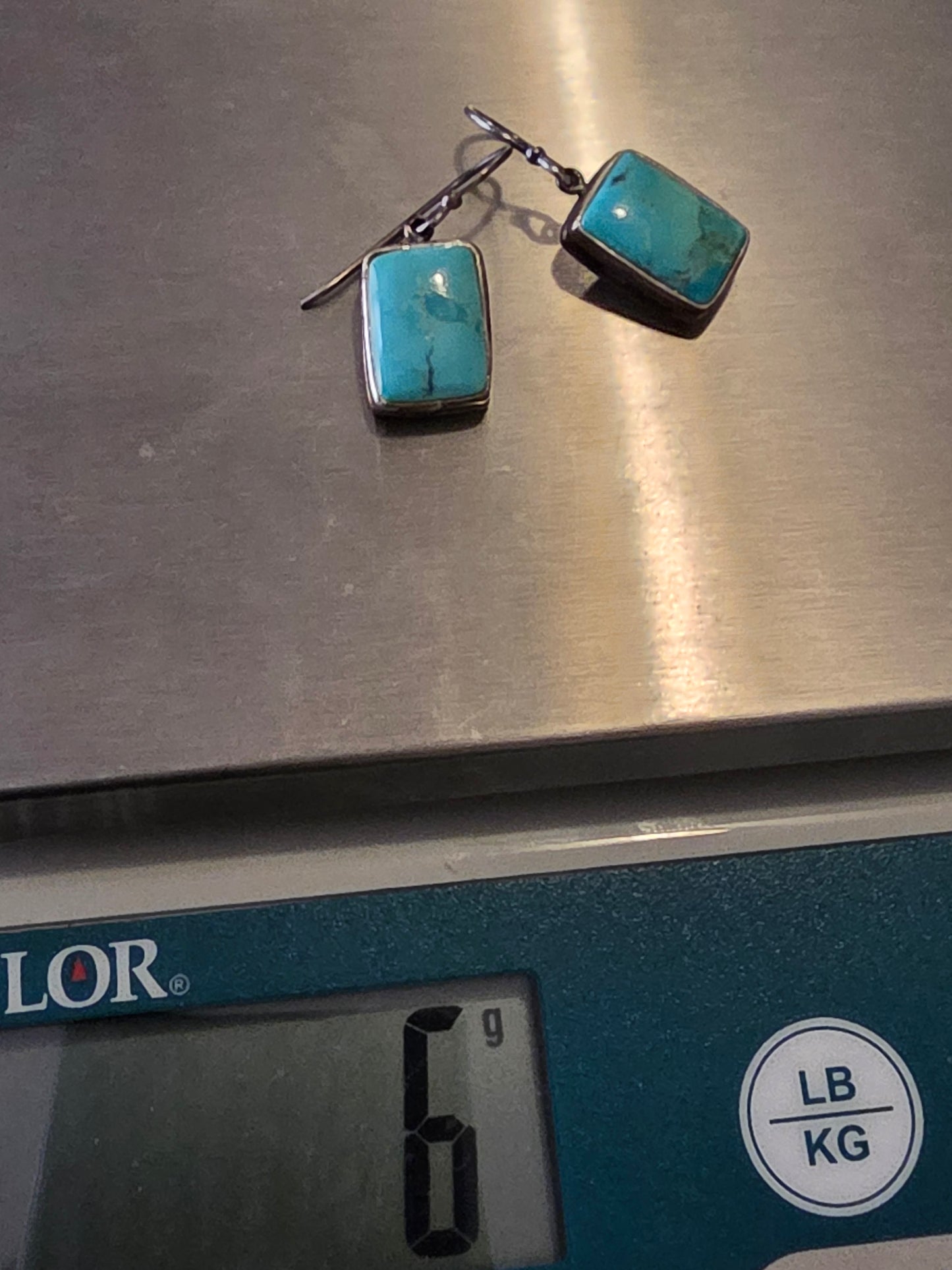 Small vintage Turquoise Rectangle Cabochon 925 Sterling Silver Dangle Earrings