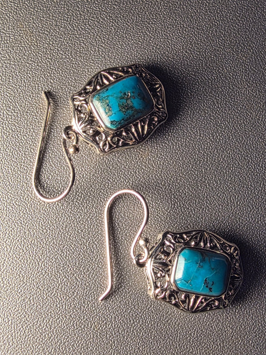 Turquoise Sterling Silver Rope Braid Framed Drop Earrings