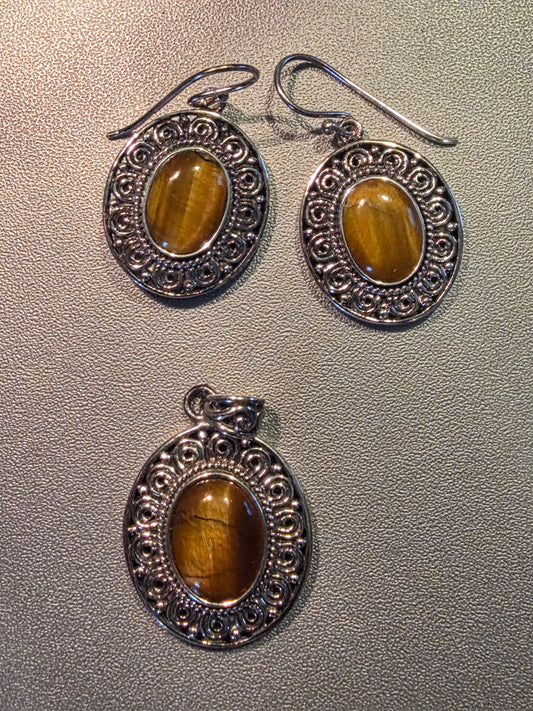 Vintage 925 Tiger Eye Pendant with Earrings Set