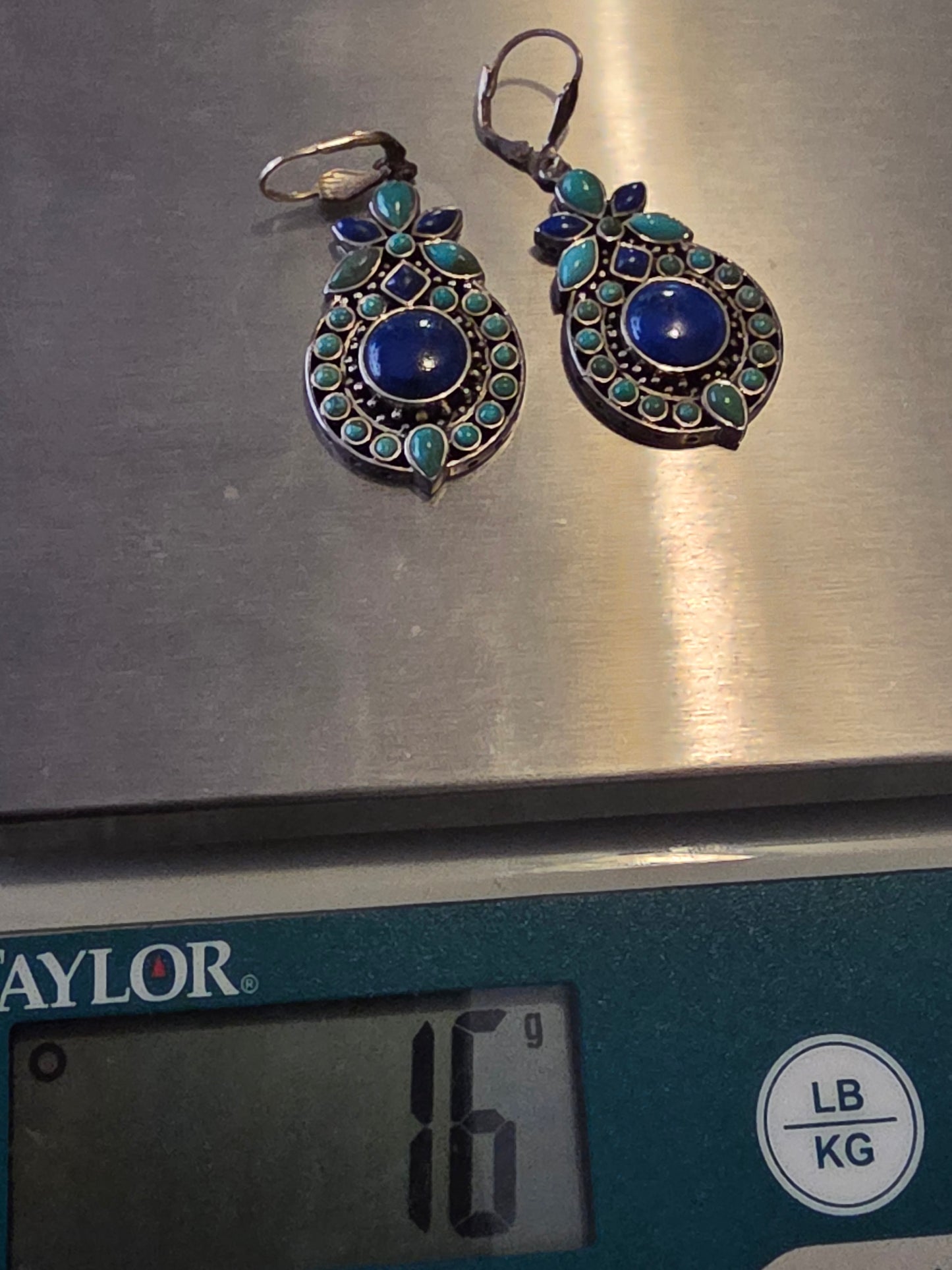 Vintage 925 Thailand Sterling Silver, Turquoise and Lapis Lazuli Medallion Hanging Earrings