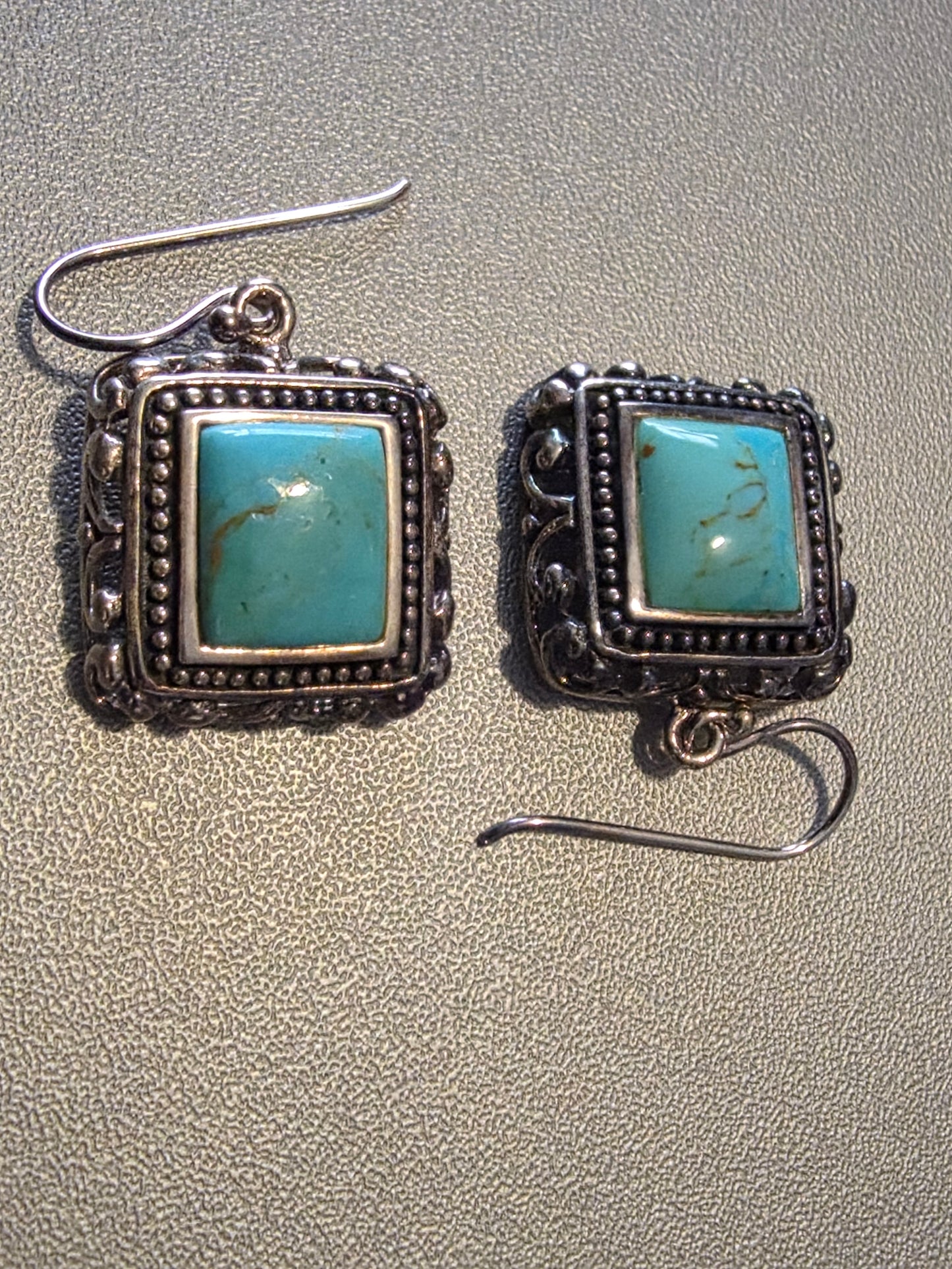 Vintage Turquoise Square 925 Sterling Silver Dangle Earrings with Rope Style Borders