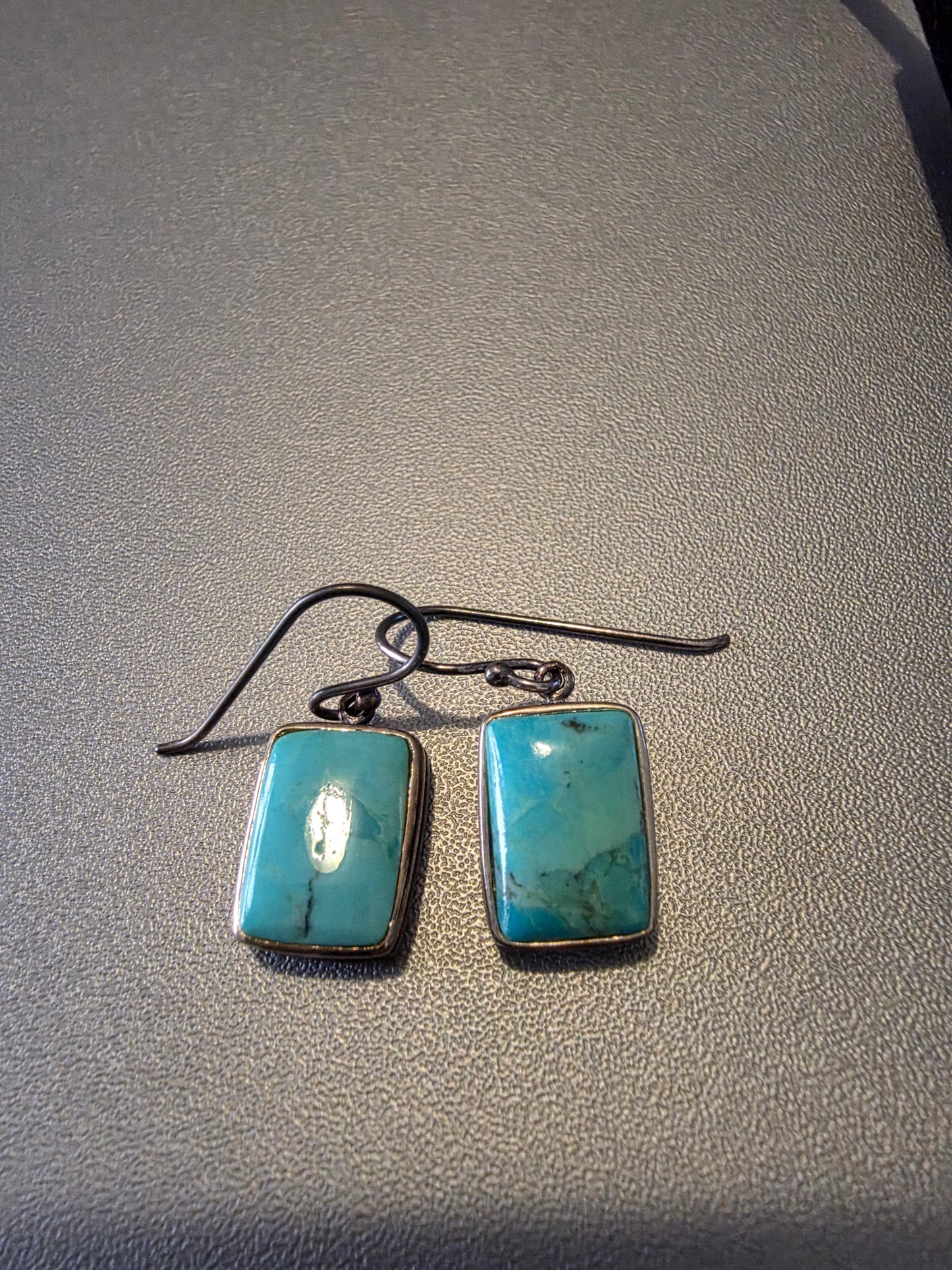 Small vintage Turquoise Rectangle Cabochon 925 Sterling Silver Dangle Earrings