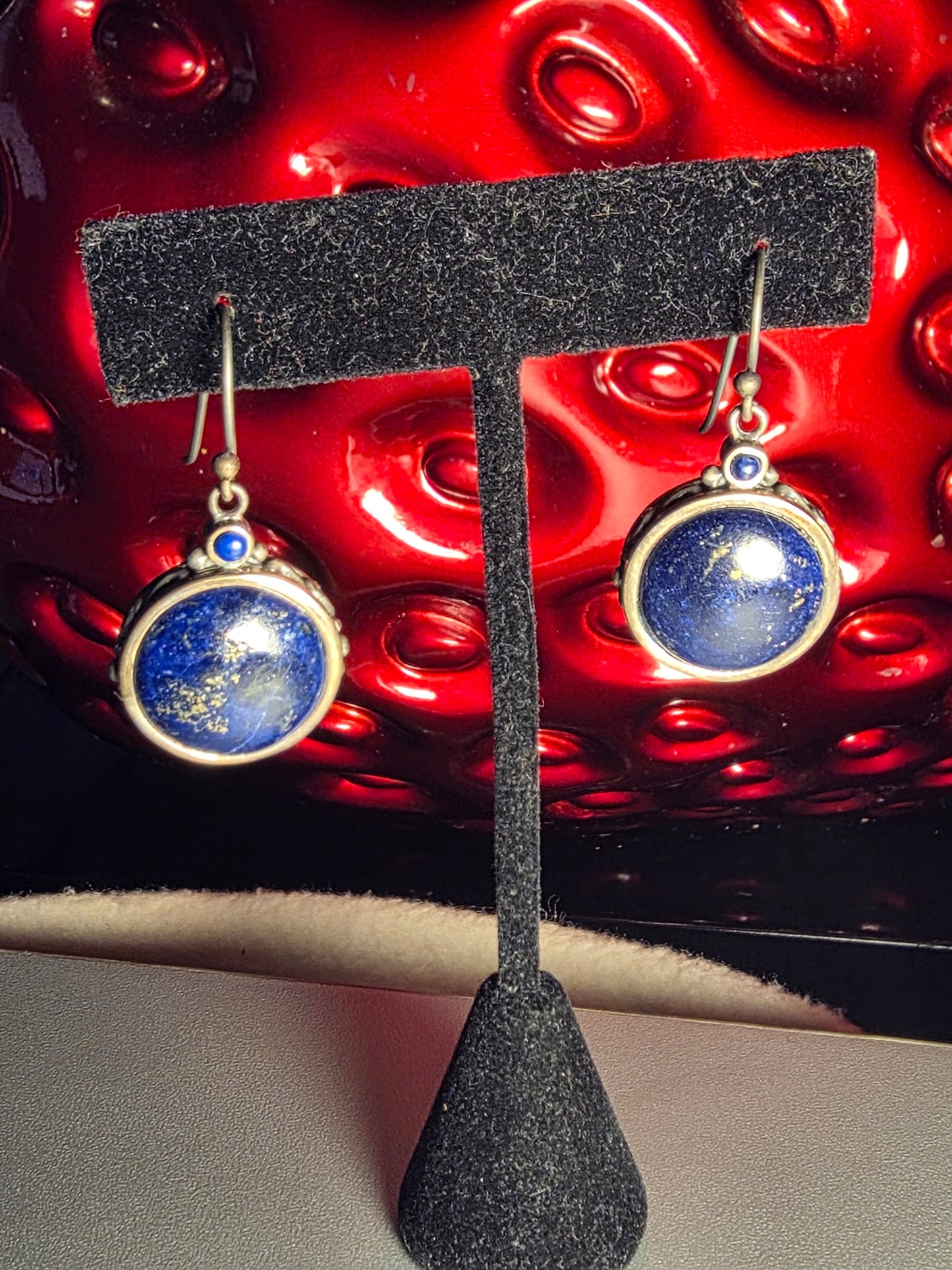 Vintage Round Blue Sunstone Dangle Hook Earrings 925 Sterling Silver