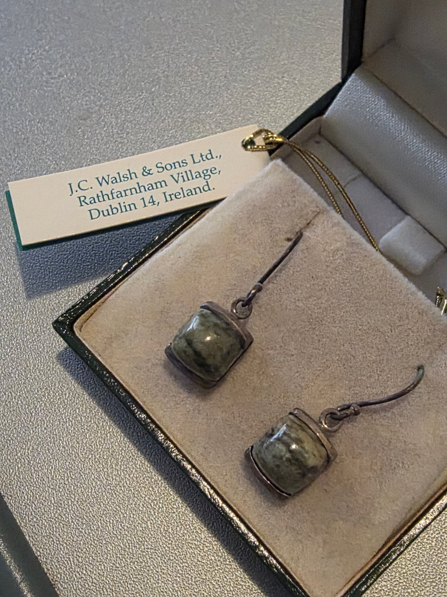 Vintage Ireland Connemara Marble Sterling Silver 925 Shamrock Dangle Earrings