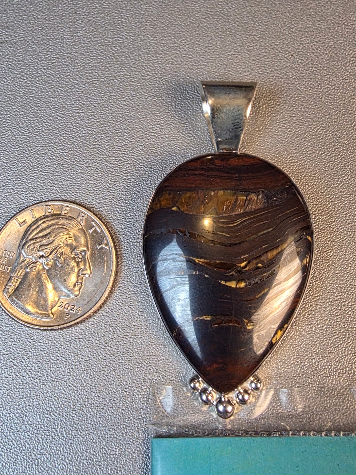 Natural Iron Tiger's Eye Gemstone 925 Sterling Silver Two Tone Pendant