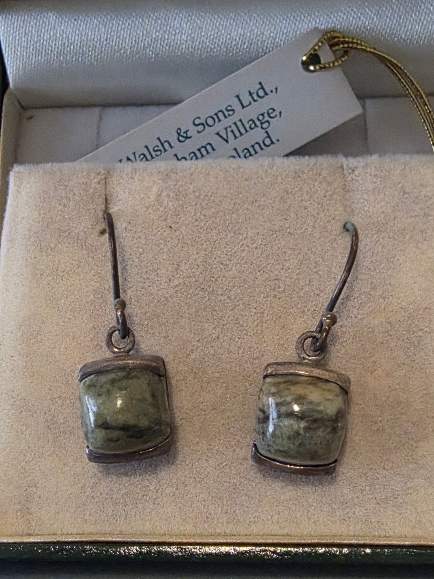 Vintage Ireland Connemara Marble Sterling Silver 925 Shamrock Dangle Earrings