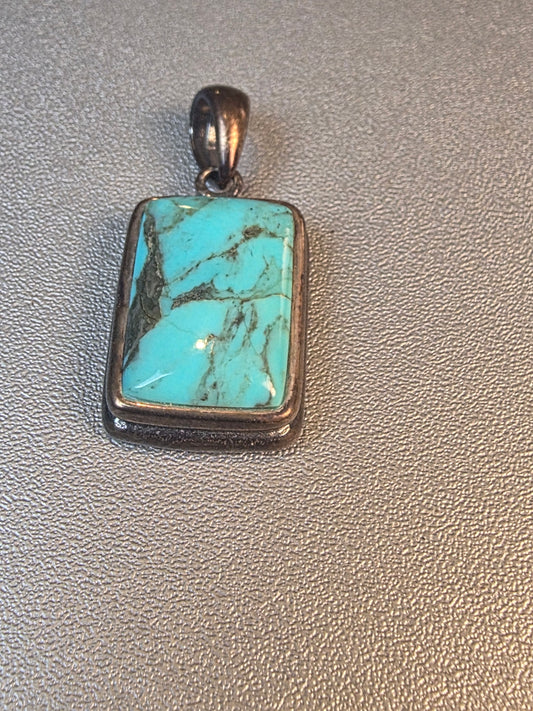 Green Copper Turquoise Pendant Necklace Sterling Silver Jewelry Rectangle Charm