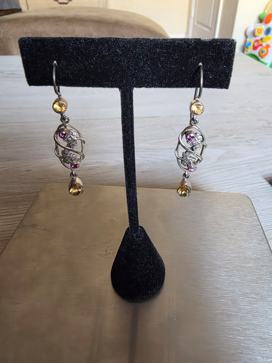 Vintage Sterling Nicky Butler Amethyst Peridot Leaf Long Dangling Earrings