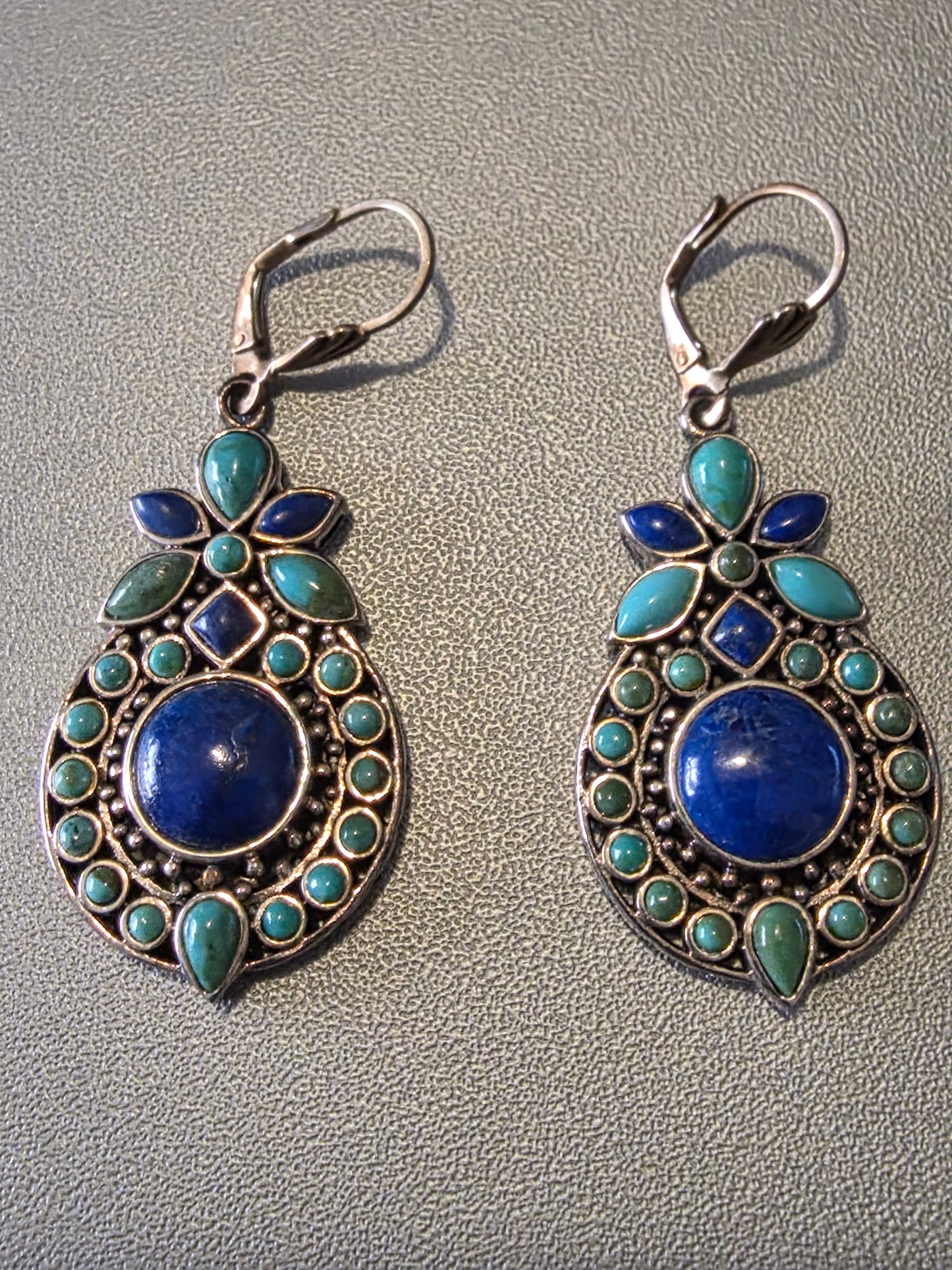 Vintage 925 Thailand Sterling Silver, Turquoise and Lapis Lazuli Medallion Hanging Earrings