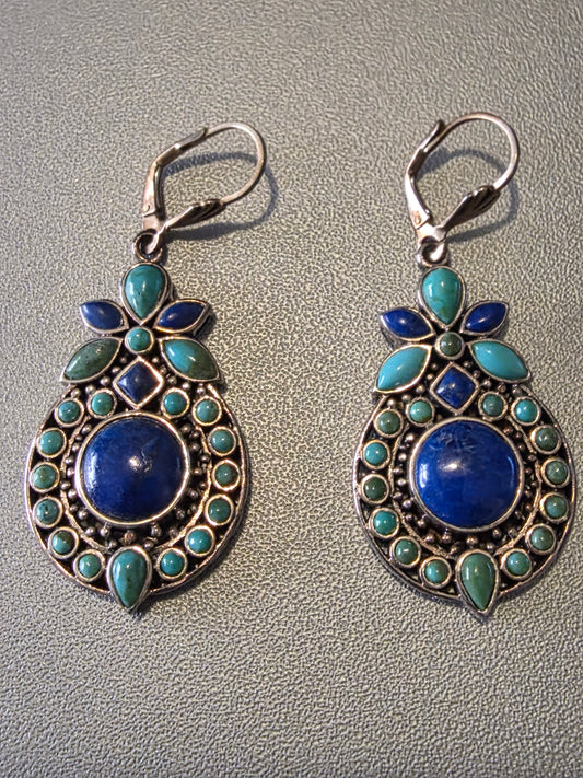 Vintage 925 Thailand Sterling Silver, Turquoise and Lapis Lazuli Medallion Hanging Earrings