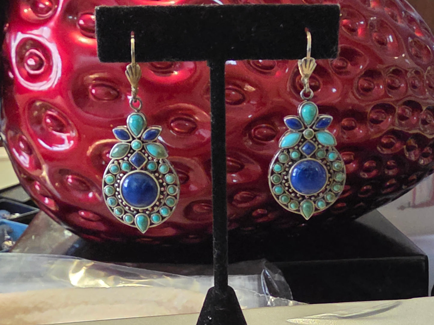 Vintage 925 Thailand Sterling Silver, Turquoise and Lapis Lazuli Medallion Hanging Earrings