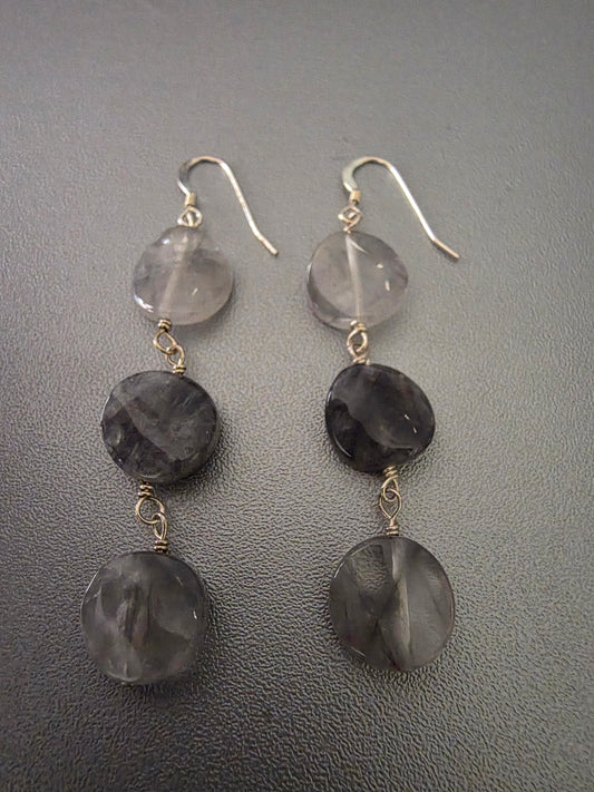 Quartz and Tourmaline Dangle Earrings with silver