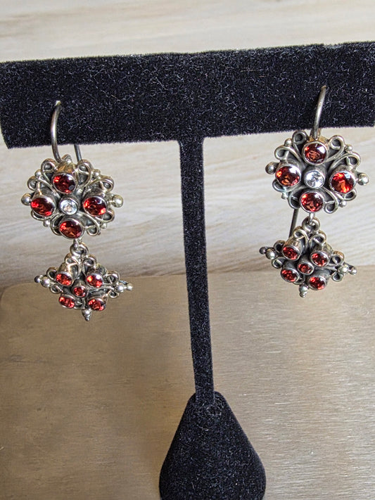 Vintage Sterling Silver Garnet Cluster Dangle Earrings