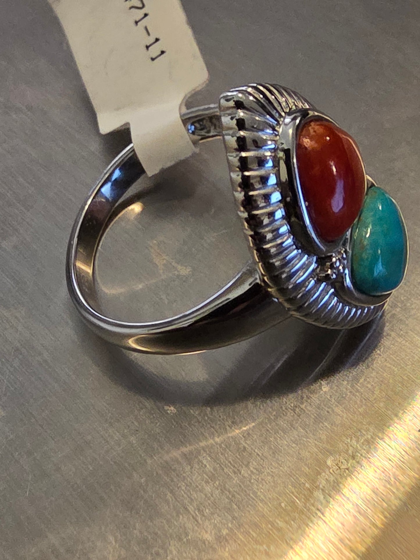 Vintage Sterling Silver Turquoise and Coral Southwest Silverwork Ring Size 12.5