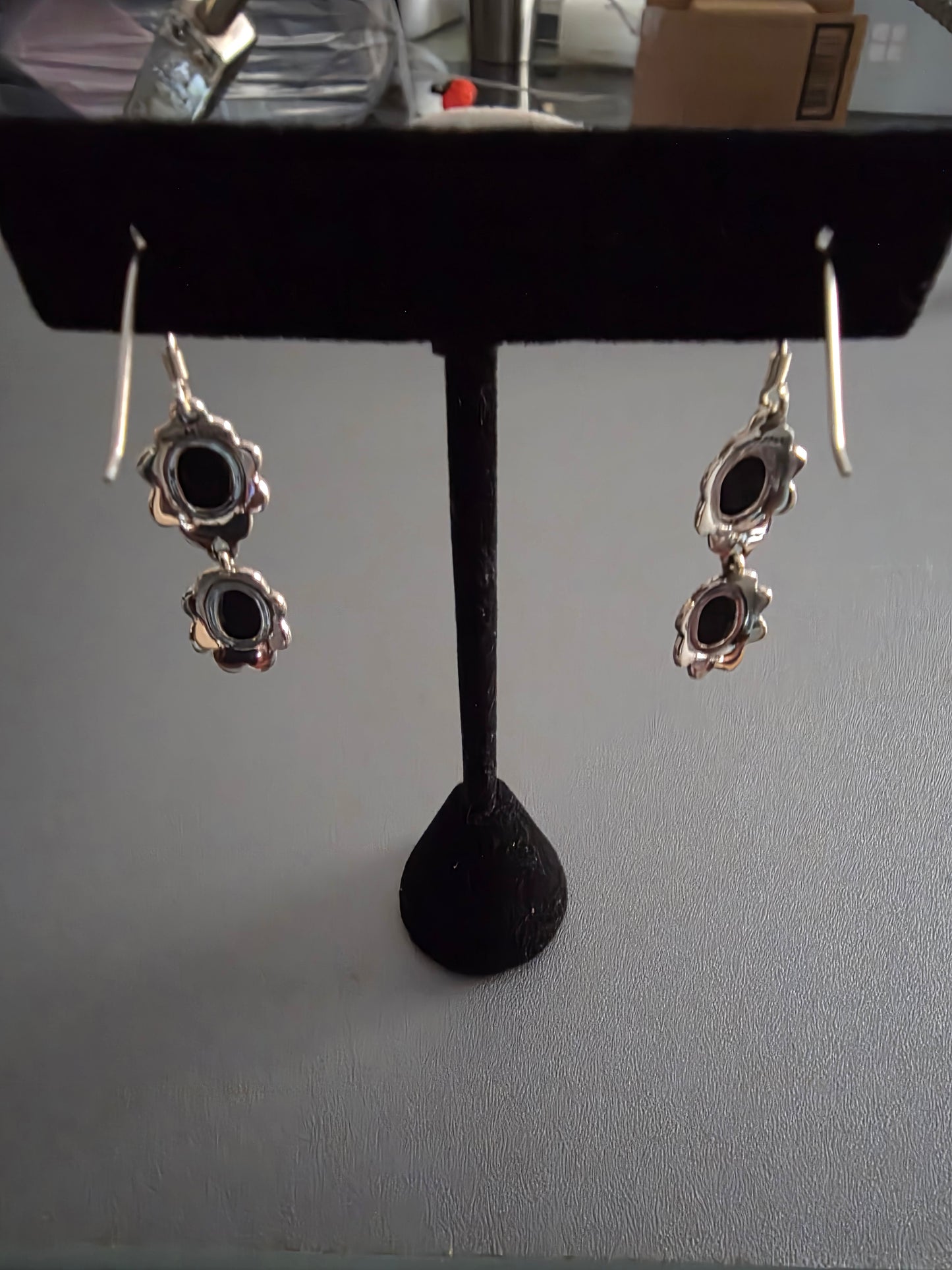 925 Sterling Silver Vintage Real Black Onyx double dangle Earrings