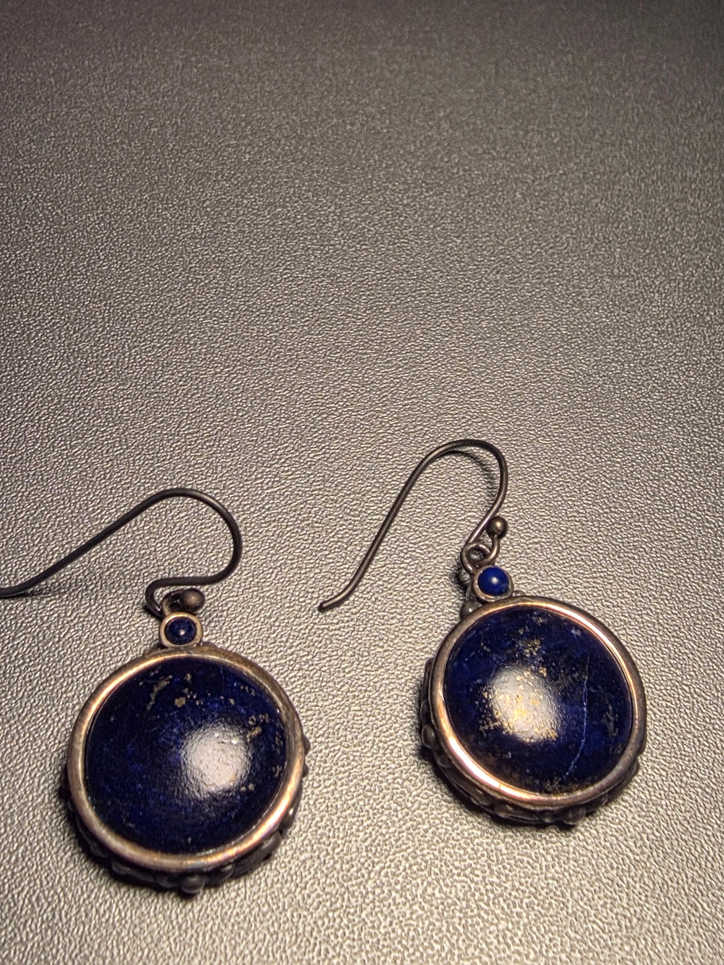 Vintage Round Blue Sunstone Dangle Hook Earrings 925 Sterling Silver