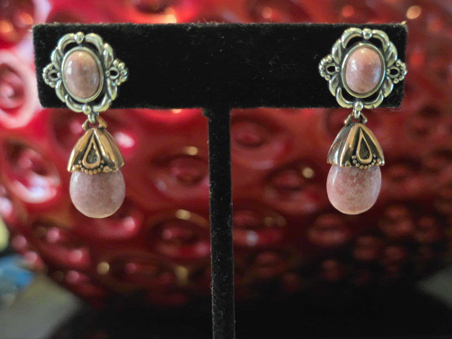 Vintage Carolyn Pollack Relios Oxidized 925 Sterling Silver & Brass Rhodonite Dangle Earrings