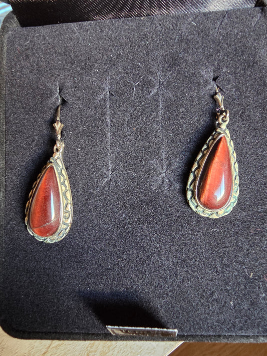 Vintage Whitney Kelly WK Red Tigers Eye Sterling Silver Earrings