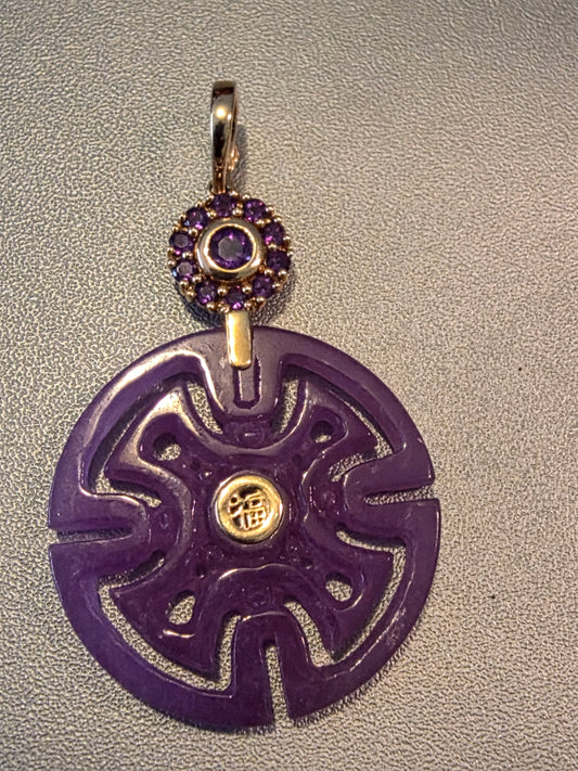 Heng Ngai 14K Yellow Gold Purple Jade Amethyst Chinese Good Luck Pendant 13.g