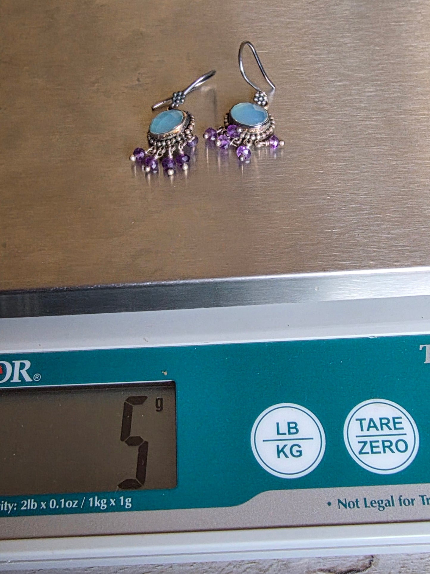 Vintage 925 Sterling Silver Blue Chalcedony Amethyst Earrings, Designer Doug Paulus