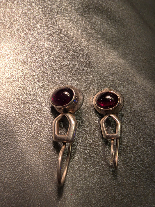 Vintage Lucas Lameth 925 LUC Sterling Silver Dangle Earrings Burgundy Stone