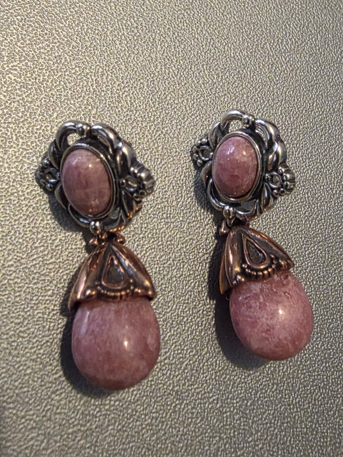 Vintage Carolyn Pollack Relios Oxidized 925 Sterling Silver & Brass Rhodonite Dangle Earrings