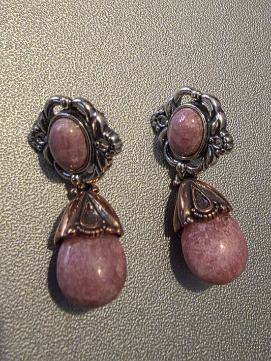 Vintage Carolyn Pollack Relios Oxidized 925 Sterling Silver & Brass Rhodonite Dangle Earrings