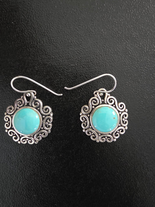 Turquoise Round Shape Dangle Earrings - Turquoise Sterling Silver Drop Earrings