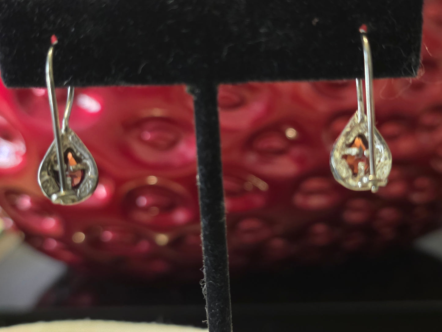 Vintage 925 sterling silver red stone teardrop dangle earrings