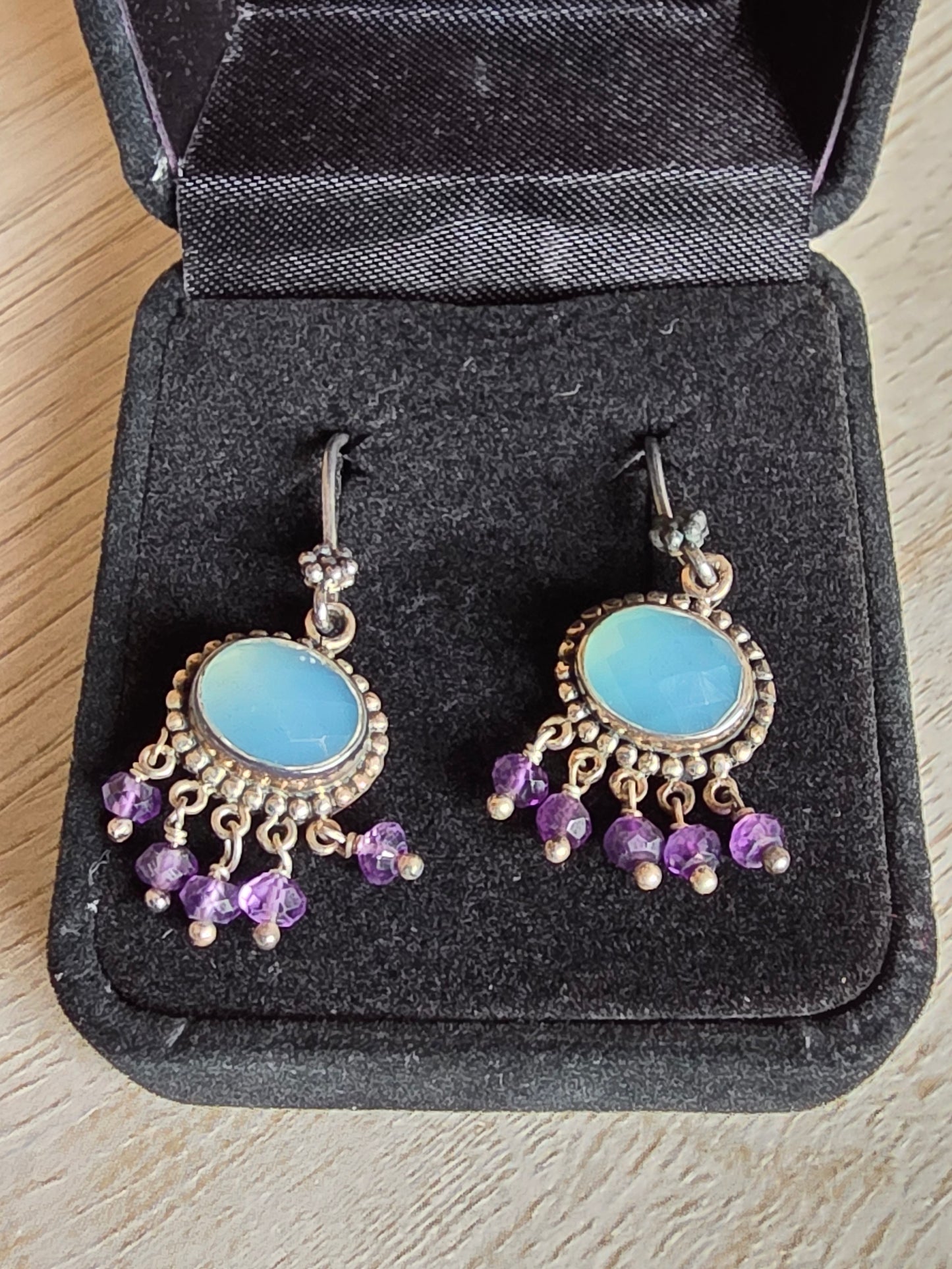 Vintage 925 Sterling Silver Blue Chalcedony Amethyst Earrings, Designer Doug Paulus