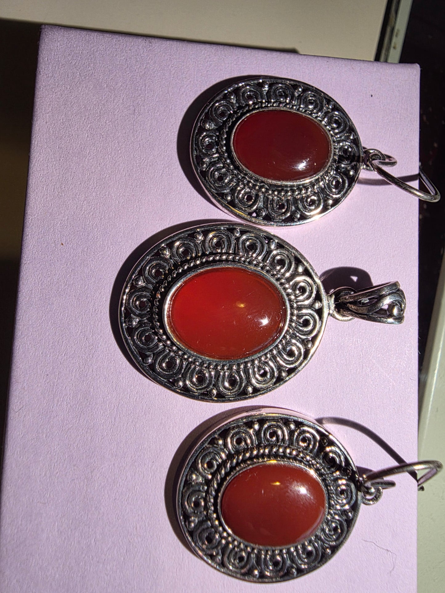 Vintage 925 Tiger Eye Pendant with Earrings Set Red
