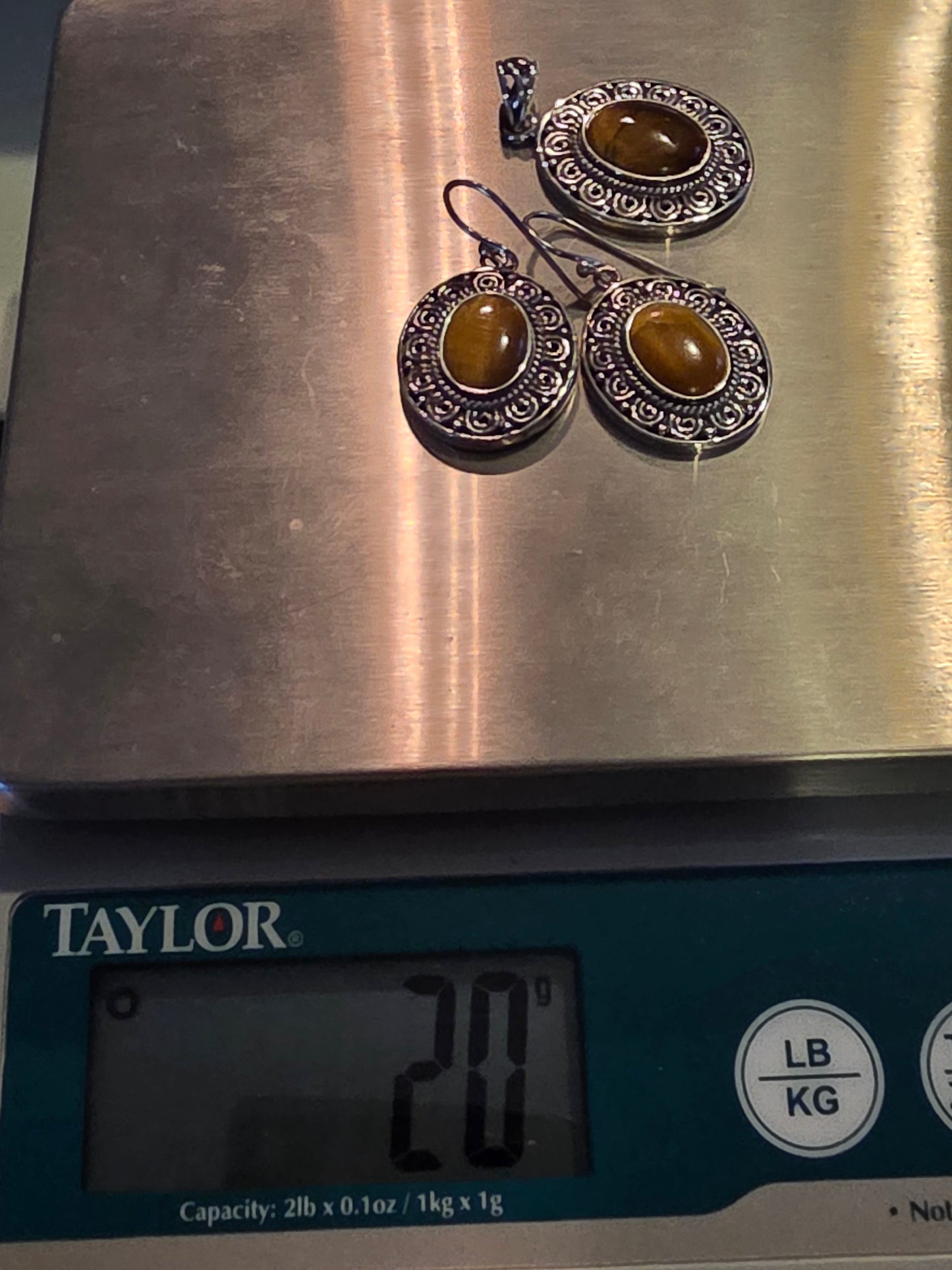 Vintage 925 Tiger Eye Pendant with Earrings Set