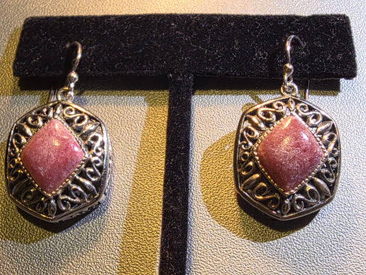 Vintage 925 Rhodochrosite Dangle Earrings Dainty Pink Rhodrochrosite Earrings with Sterling Silver.