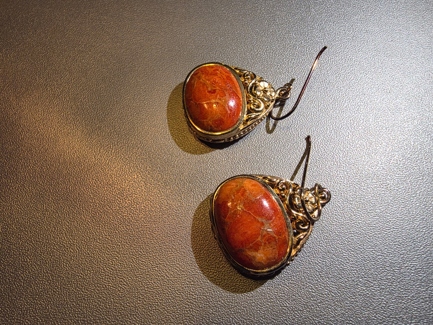 Vintage Red Jasper Stone 925 Gold vermeil over sterling silver filigree drop earrings