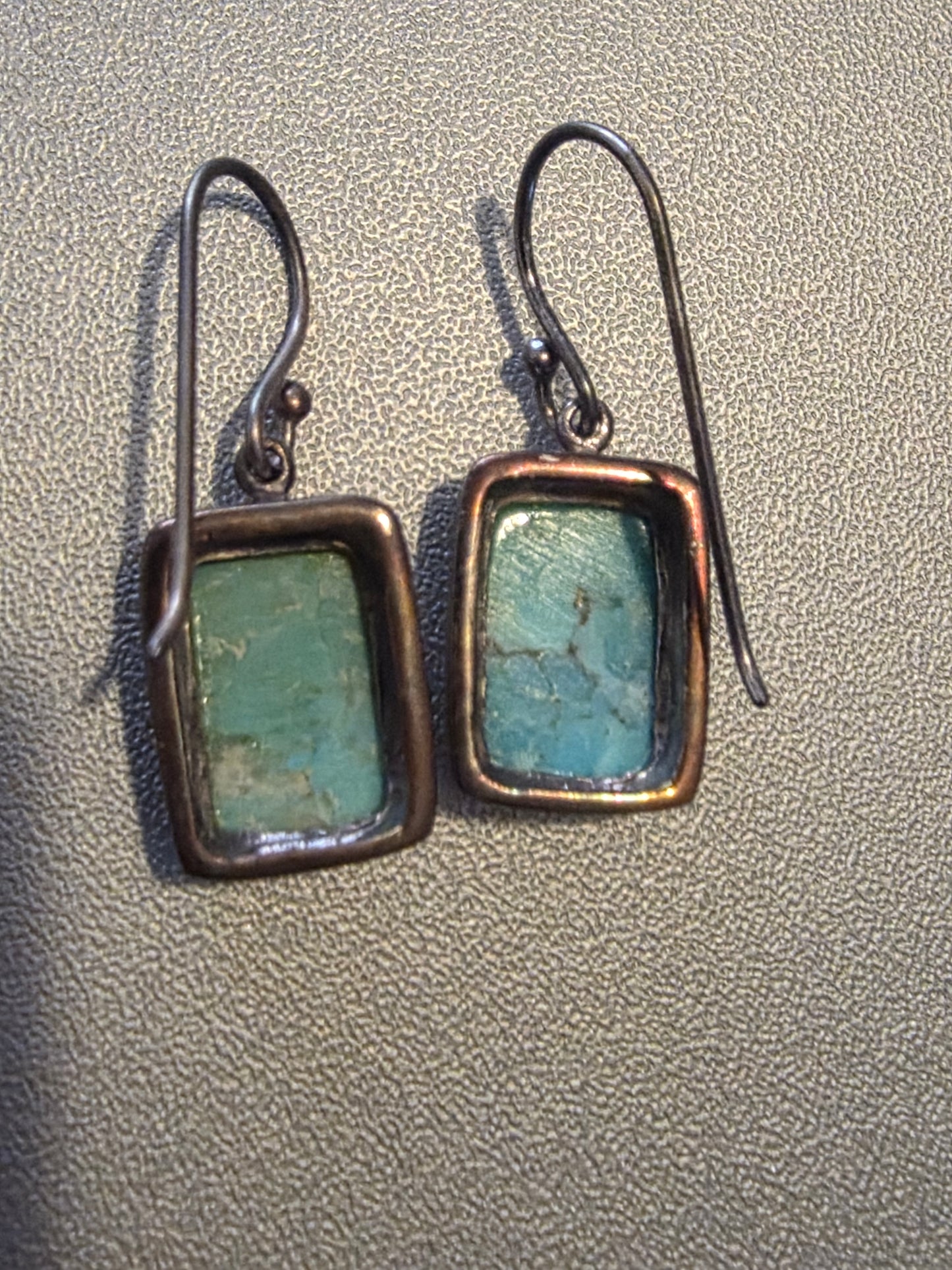 Small vintage Turquoise Rectangle Cabochon 925 Sterling Silver Dangle Earrings
