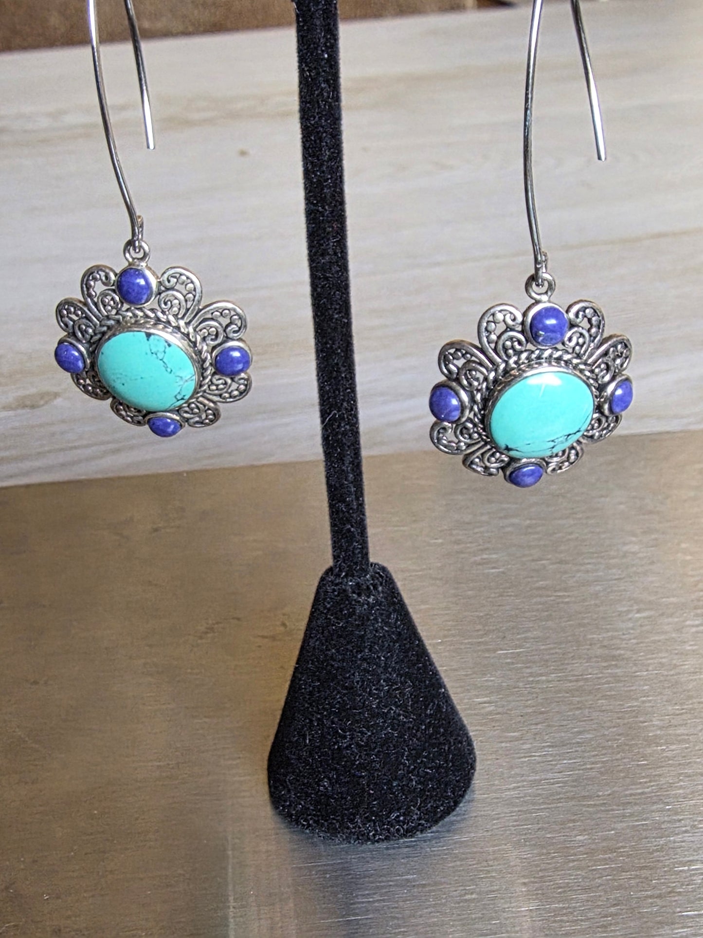 Turquoise Dangle Earrings in Vintage Silver Finish