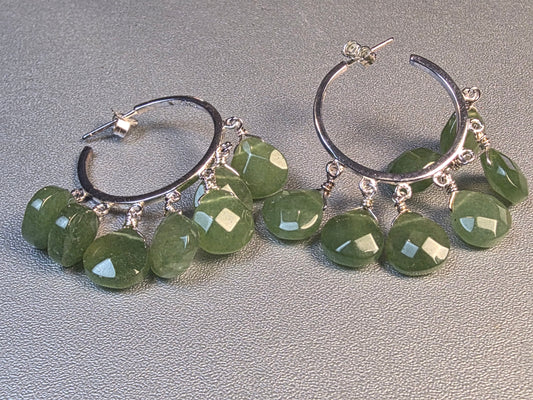 Sterling Silver 925 Peridot Briolette Beaded Hoop Dangle Earrings