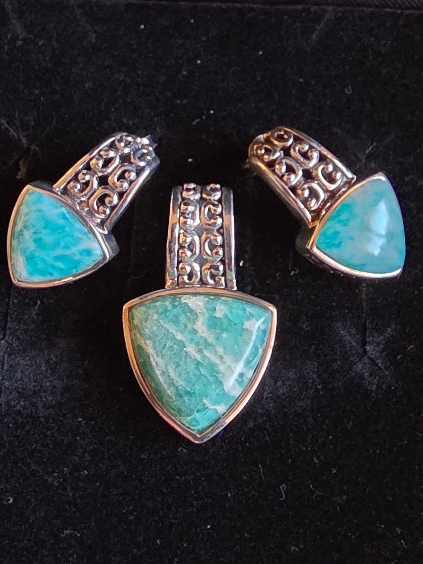 Vintage Sterling Silver Pendant and Earrings set, Cabochon Triangle Turquoise