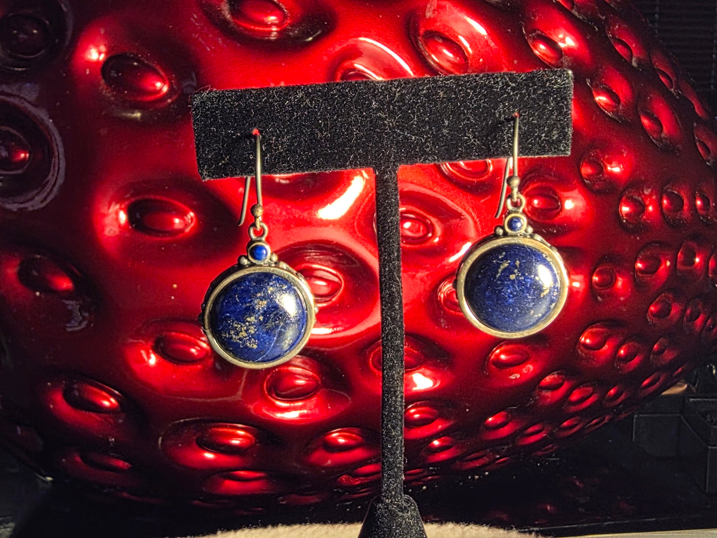 Vintage Round Blue Sunstone Dangle Hook Earrings 925 Sterling Silver