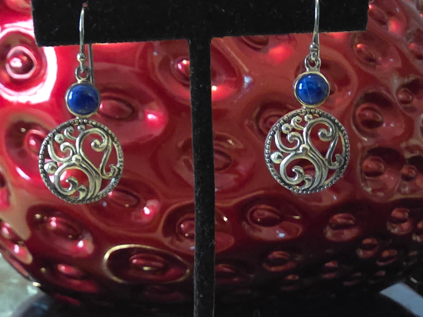 Blue Lapis Accented Circle 925 Sterling Silver Dangle Earrings