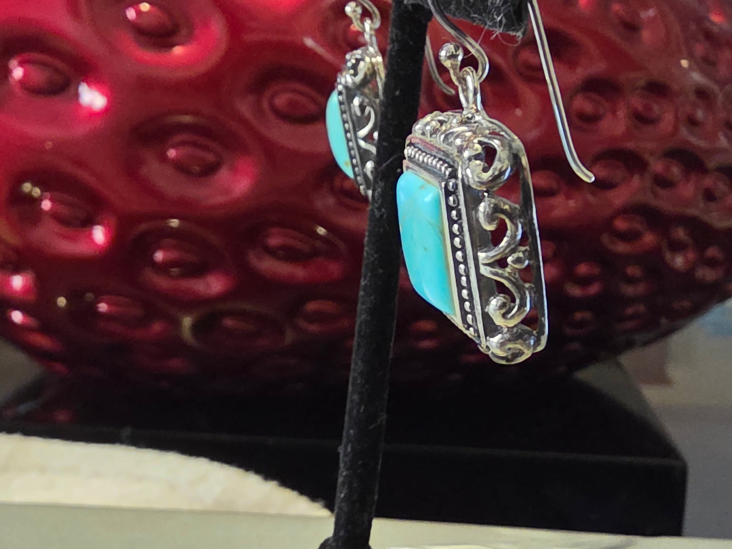 Vintage Turquoise Square 925 Sterling Silver Dangle Earrings with Rope Style Borders