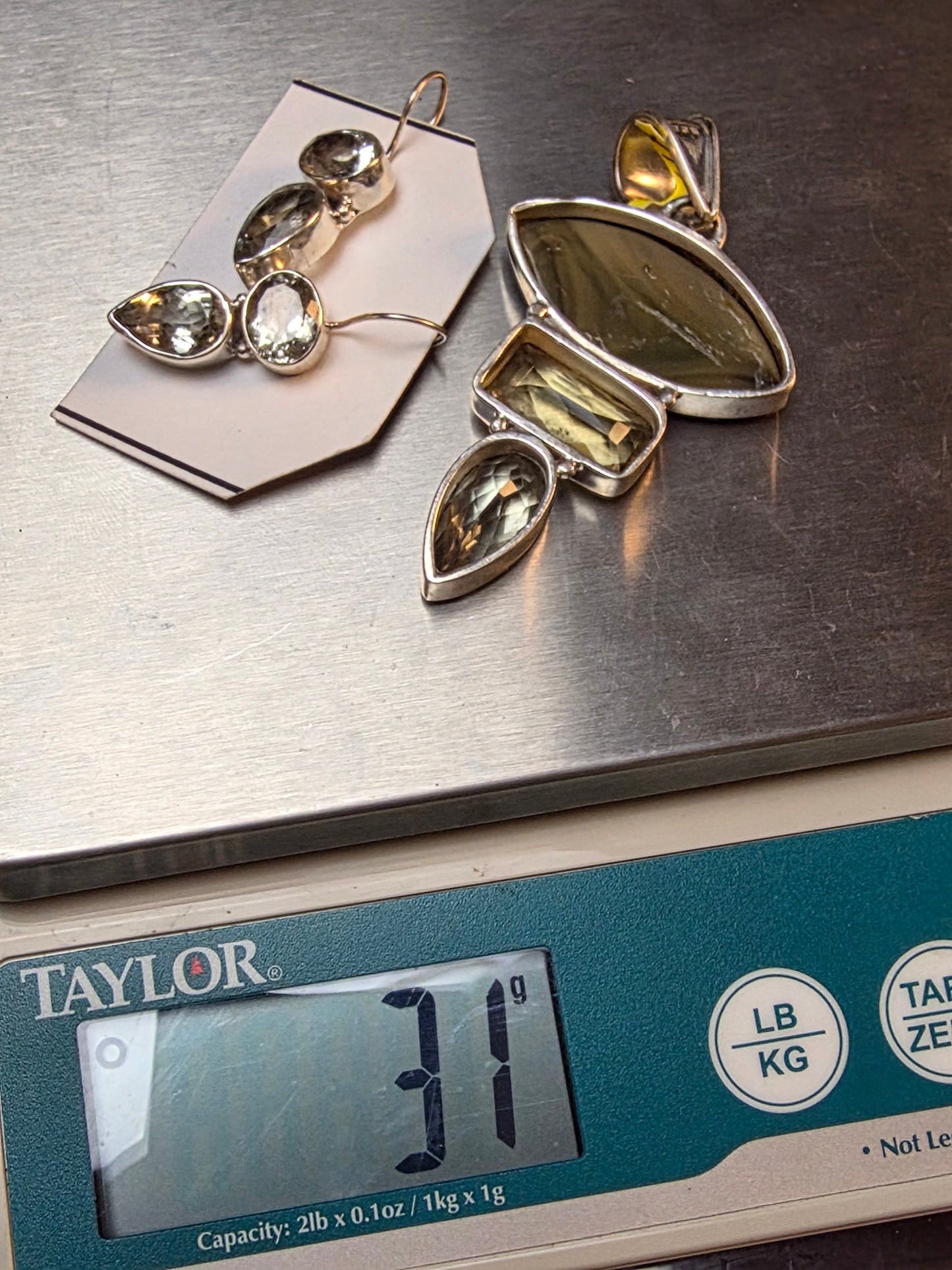 Lemon Smokey Quartz and Crystal Pendant With Vintage Faceted Briolette Sterling Silver 925 Tiered Drop Earrings