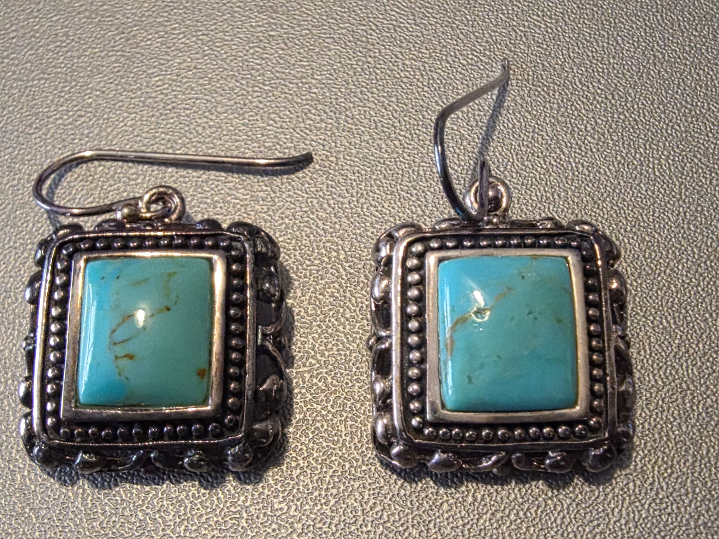 Vintage Turquoise Square 925 Sterling Silver Dangle Earrings with Rope Style Borders