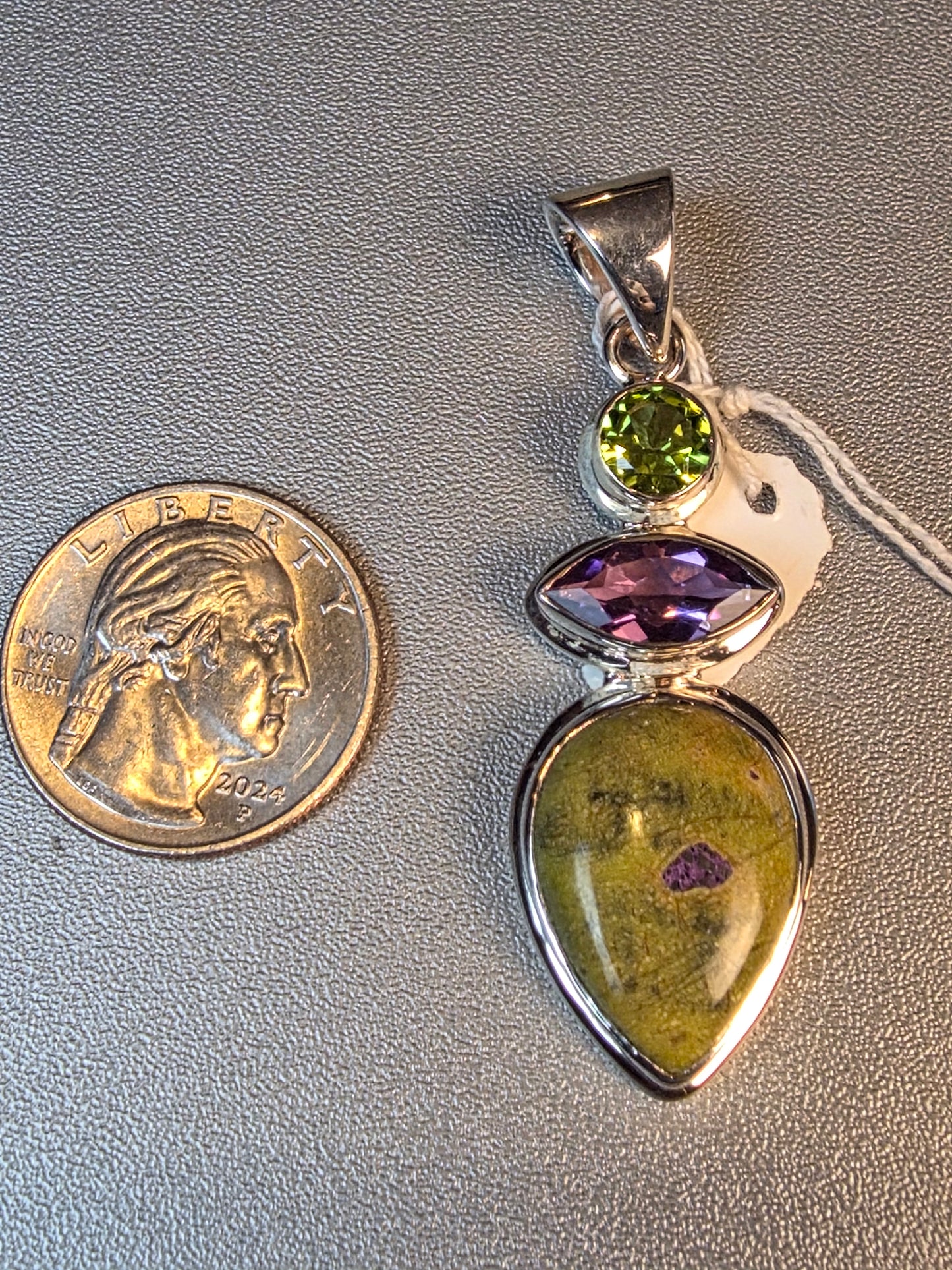 925 Sterling Silver Atlantisite Amethyst Peridot Gemstones Statement Pendant